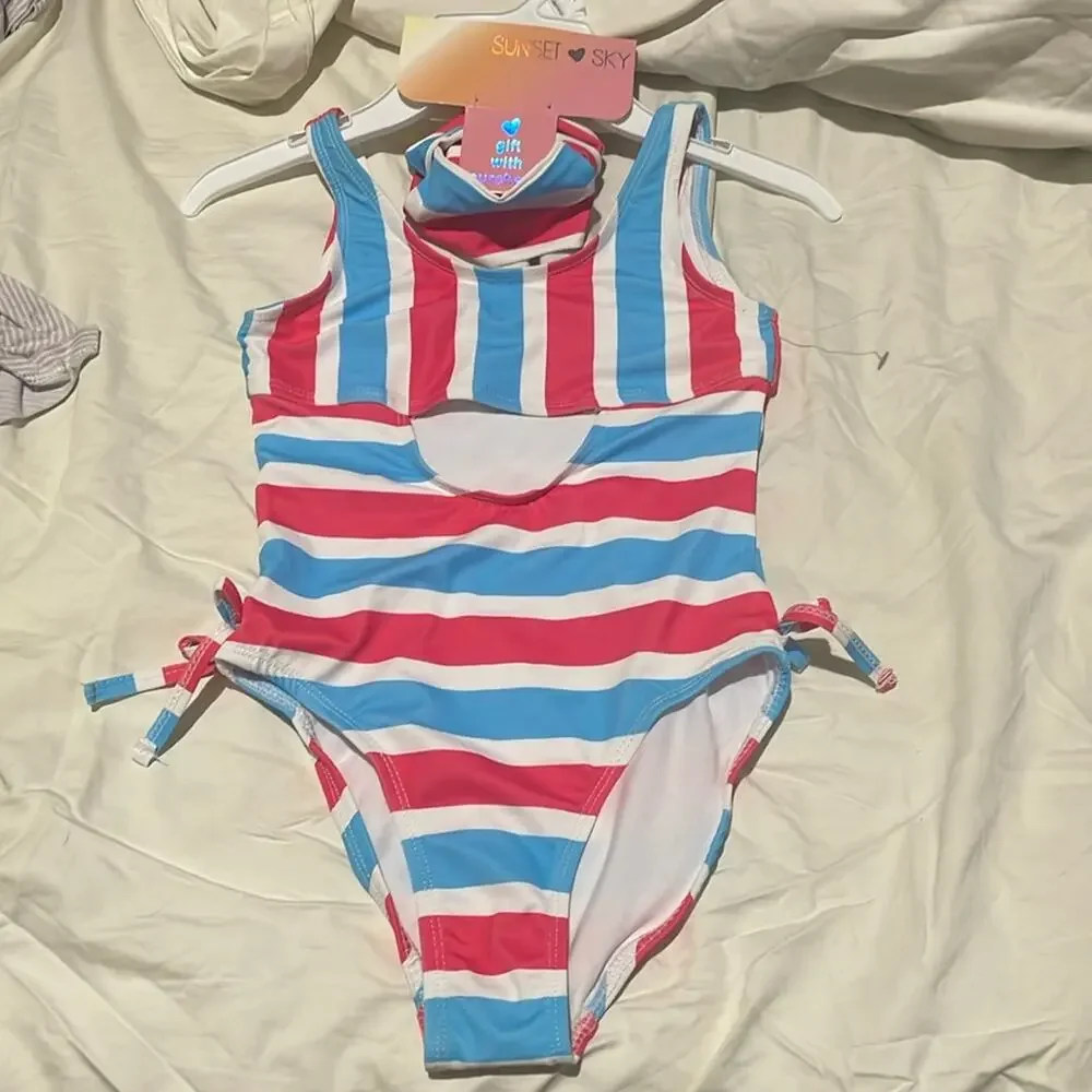 Sunset sky 7 one piece red blue white cut out hair band matching nwt bows at hip